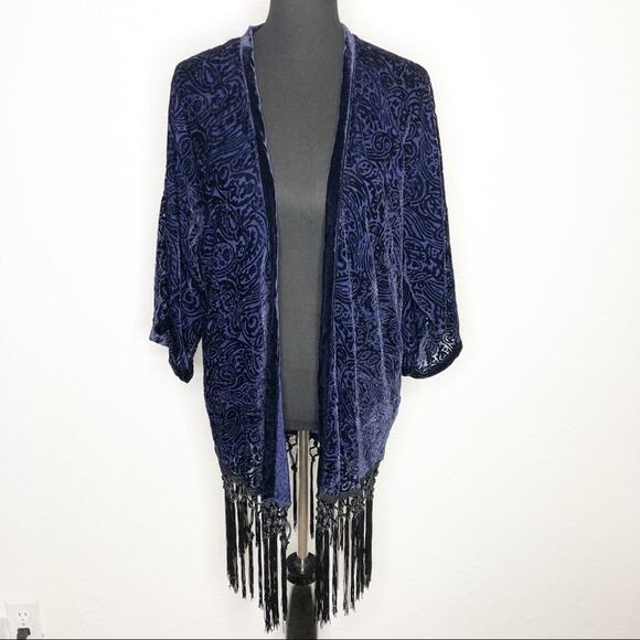 Zara navy blue velvet sheer burnout kimono fringe trim size Medium - Picture 1 of 15